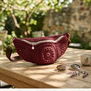 Elegant Burgundy Crochet Crossbody Bag